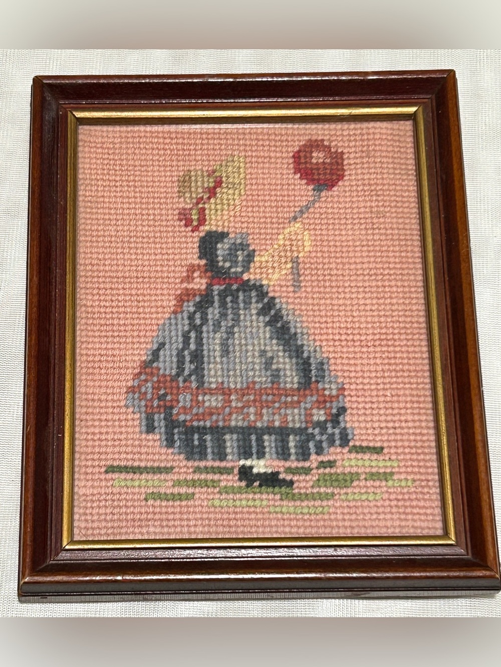 Vintage Pink and Blue Embroidered Lady Framed Art